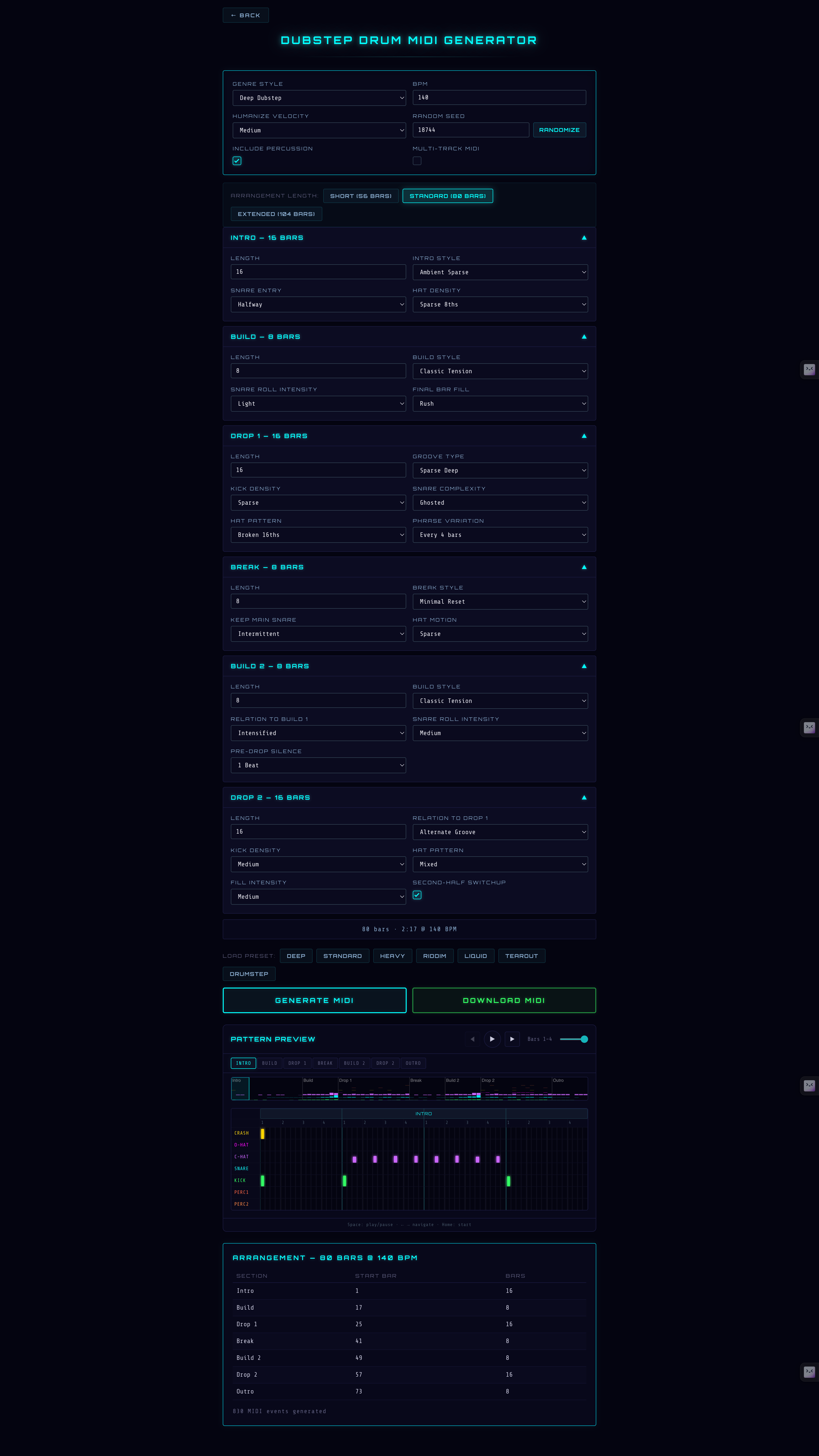Drum Farm dubstep generator — section controls, pattern preview, and arrangement map