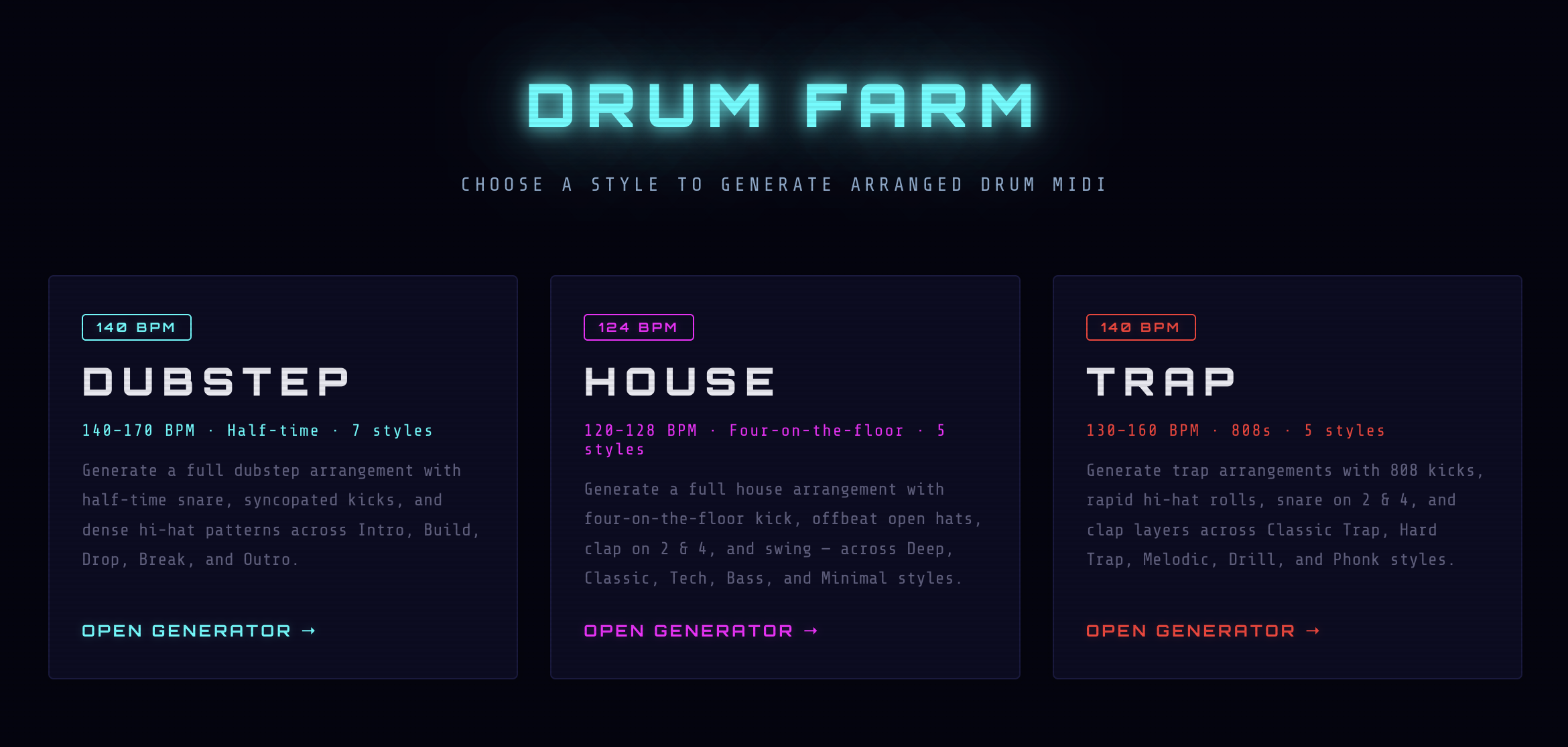 Drum Farm — choose a genre to generate arranged drum MIDI